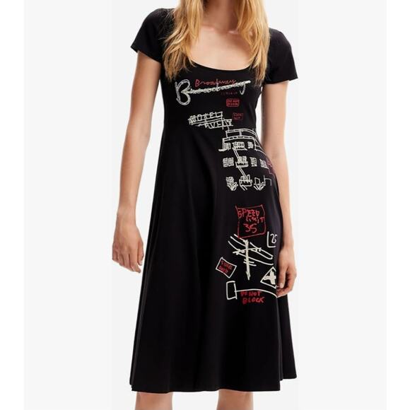 Desigual Broadway Road Artsy Print Black Dress Cotton sz medium Knee Length - Picture 1 of 12